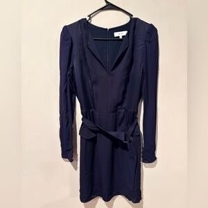 REISS Navy Blue Long Sleeve Belted V-Neck Mini Dress - Size 2